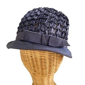 Vintage Womens Navy Blue Union USA Made Straw And Fabric Hat